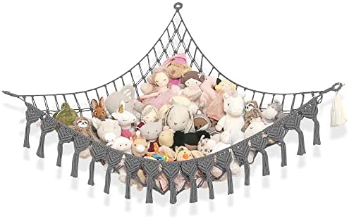 Abby Baby Extra Large Stuffed Animal Storage Hammock Corner with LED Lights – 25LB Capacity Hanging Toy Net for Small or Large Plushies, Boho Macrame Squishmallow, Plush Net, Gray by AbbyBaby