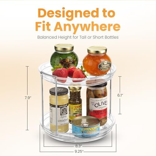 Oizeir 2 Tier Lazy Susan Organizer for Cabinet, Clear Acrylic Rotating Spice Rack Turntable for Kitchen, Pantry, Countertop, Bathroom, Vanity – Double Tier Storage Carousel with Metal Supports - Image 2