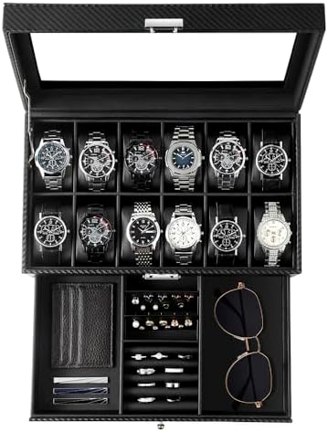 GUKA Watch Box, 12 Slot Watch Case, Watch Cases for men with Real Glass Lid, Synthetic Leather Watch Organizer storage with Jewelry Case, Birthday for Men and Women, Black, GK-012-BKCX by GUKA