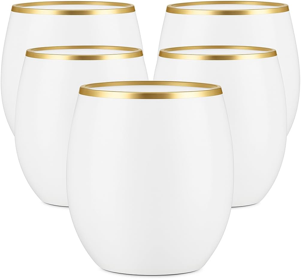 40 count Unbreakable Stemless Plastic Wine Champagne Whiskey Glasses Elegant Durable Disposable Indoor Outdoor Ideal for Home, Office, Bars, Wedding, 12 Ounce Cups Gold Rim (White Matte Gold)