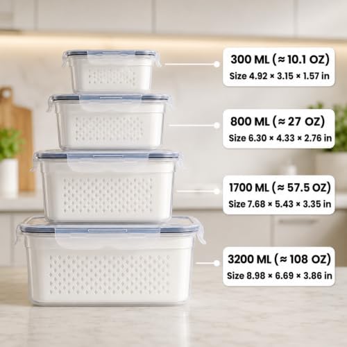 4 Pack Fruit Storage Containers for Fridge, Produce keeper with Colander - Image 2