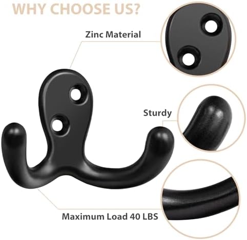 Homanu 14 Pack Black Coat Hooks Wall Mounted Double Prong with 28 Screws - Image 4