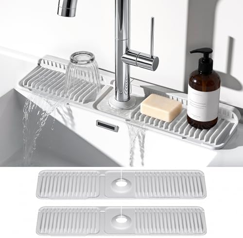 2PCS 24 Inch Faucet Mat for Kitchen Sink, Silicone Splash Guard for Kitchen Sink Area, 7° Slope Fast Self-Draining Sink Mat, Cuttable Hole Design, Sink Backsplash Guard Draining Mat, Light Grey by Prolixity