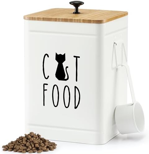 PERFNIQUE Cat Food Storage Container, Airtight Cat Treat Container with Bamboo Lid, Pet Food Storage for Kitchen Countertop, Treat Jars for Pets, Cat Food Container (White, with Spoon) by PERFNIQUE