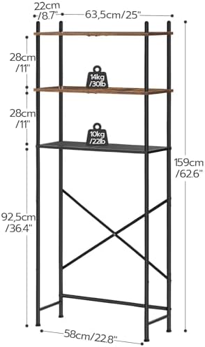 HOOBRO Over the Toilet Storage, 3-Tier Over Toilet Bathroom Organizer, Freestanding Above Toilet Shelf with Adjustable Feet, Space Saving, Easy Assembly, Rustic Brown and Black BF63TS01 - Image 3