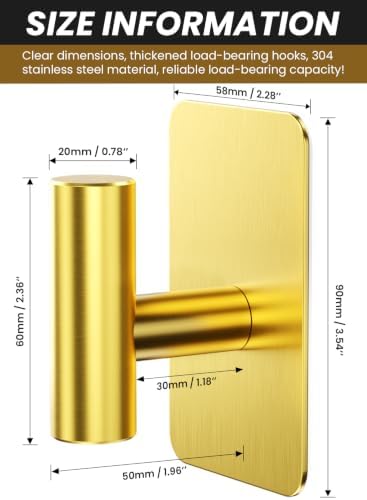 Heavy Duty Adhesive Hooks - 26lb Max, Sticky Wall Hooks Waterproof Stainless Steel for Hanging Towel, Coat, Robe, Towel Hooks Stick on Bathroom, Kitchen, Shower, Door (Gold, 2 Pack) - Image 3