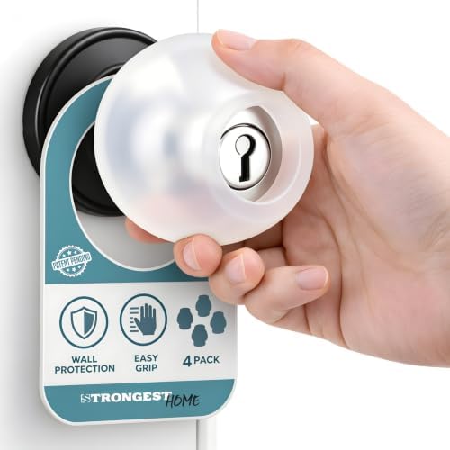 STRONGEST HOME Clear Silicone Door Knob Cover & Wall Protector – Soft Rubber Handle Grip for Arthritis Support and Quiet Damage Prevention (4 Pack) by STRONGESTHOME
