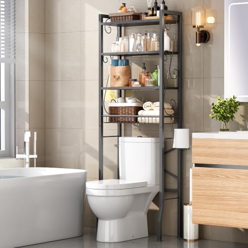 Over-The-Toilet Storage Rack 4-Tier,Bathroom Organizer Shelf Over Toilet,Adjustable Wooden Shelves and Basket,Freestanding Above Toilet Shelf,Space Saver for Rooms(Black Rack-Black Shelves) by Axdtvoz