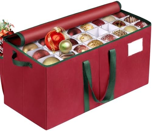 RoomHacks Christmas Ornament Storage Box, Store Up to 128 Ornaments, Durable Christmas Storage Container, Dual Zipper & Adjustable, Large Organizer Bin to Protect and Store Holiday Ornaments(Red) by RoomHacks