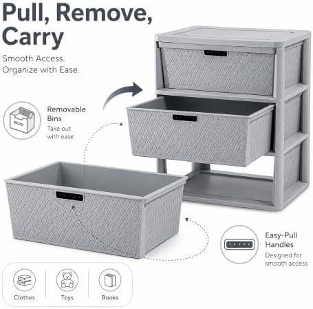 Wide 3-Drawer Plastic Storage Tower, Cross-Weave Floor Cabinet, Gray - Image 4