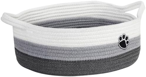 Optish Dog Toy Basket, Toy Box and Bin for Dog Cat Storage, 13.5" X 11" X 5" Small Woven Rope Basket for Baby Storage, Closet, Living Room, White & Grey by Optish
