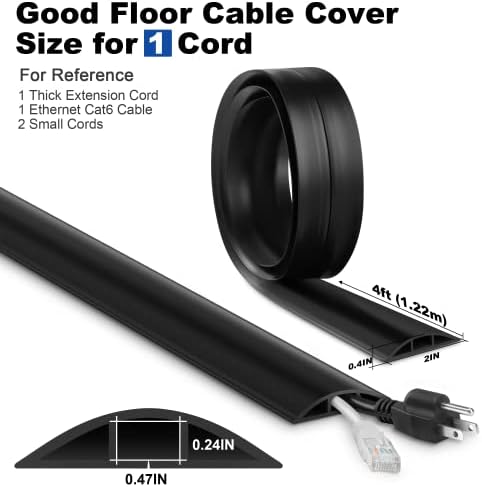 4FT Cord Cover Floor, Black Cord Hider Floor, Extension Cable Cover Power Cord Protector Floor, Cable Management Hide Cords on Floor- Soft PVC Wire Covers - Cord Cavity: 0.47" (W) x 0.24" (H) - Image 2