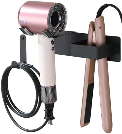 Hair Dryer Holder Wall Mounted, Hair Tool Organizer Wall Mount for Bathroom, Stainless Steel Hair Dryer Holder, Blow Dryer Holder Adhesive/Drilling Hair Dryer and Straightener Holder Black UEMUSI by Uemusi