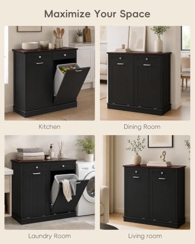 Betterhood 2 x 13 Gallon Tilt Out Trash Cabinet with 2 Big Storage Drawer, Solid Wooden Trash Garbage Can Cabinet, Mid-Century Modern Recycling Cabinet & Laundry Sorter for Kitchen Dining Room, Black - Image 7