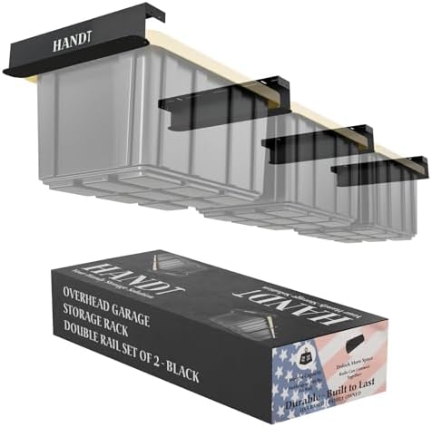 USA Based Overhead Garage Storage Rack, Connectable Heavy Duty Metal Ceiling Rails Garage Storage Organization Shelving System, Hanging Racks Tote Containers, Supports Up To 3 Bins, 2 Sets Black by HANDT