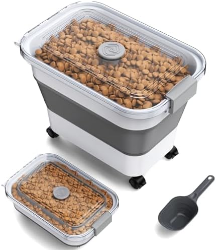 Dog Food Storage Container, 15-23 Lbs Collapsible Dog Food Container with Transparent Airtight Lid, Wheels and Scoop, Travel Pet Food Storage Container for Cat, Dog and Bird, Keep Dry Food Fresh by Viretec