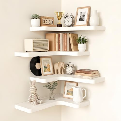 Floating Corner Shelves, Wall Shelf Set of 4, Shelves for Wall Storage, Solid Wood Shelves for Storage, Wall Mount Wooden Display Shelf for Bathroom Bedroom Kitchen Garage (White 4 Pcs) by Unknown