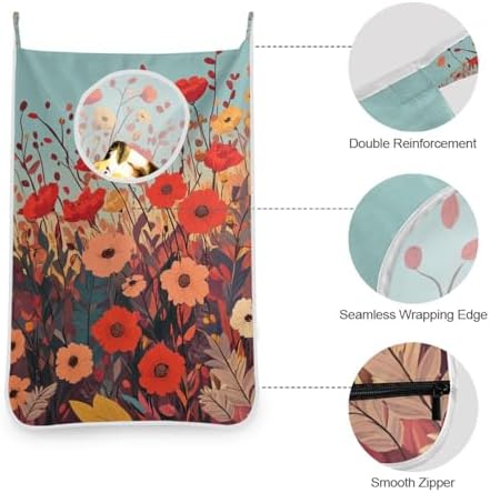 Autumn Poppy Flowers Door Hanging Laundry Hamper Bag with Free Adjustable Stainless Steel Hooks Dirty Clothes Hamper Extra Large Over the Door Laundry Hamper 29.5X20inch 1PC - Image 5