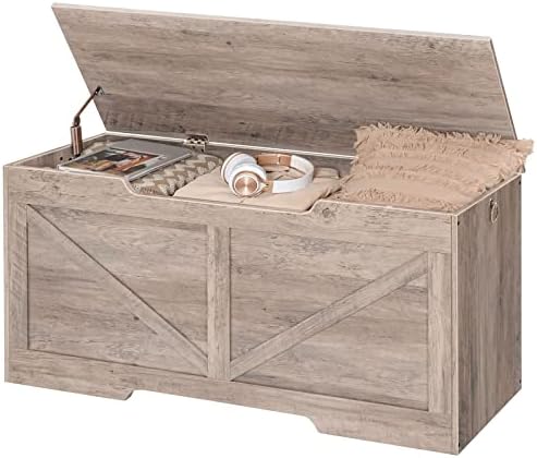 HOOBRO Storage Bench, 43.3” Retro Wooden Storage Chest with U-Shaped Cut-Out Pull, Safety Hinge, Supports 330 lb and Easy Assembly for Toy Box Organizer (Greige) BG772CW01G1 - Image 7