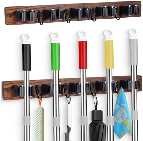 FunCee 2 PACK Broom Holder Wall Mount With 5 Slots & 4 Hooks，Rustic Wood Broom & Mop Hanger，Wall Mounted Garden & Garage Tool Storage Organizer Rack for Closet Laundry Room or Kitchen Wall Decor by FunCee