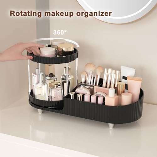 Makeup Organizer Countertop for Vanity with 2 Rotating Perfume Trays, 5-Compartment Skincare Organizers and Make Up Desk Storage, Cosmetic Organizer with Brush Holder for Bedroom Bathroom Counter - Image 2