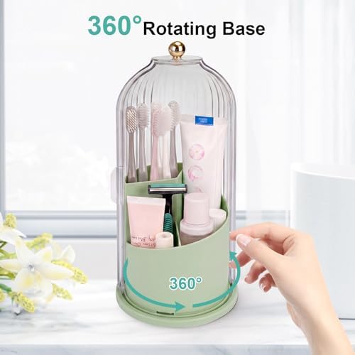 QIYVLOS Toothbrush Holders with Sliding Lid, Rotating 3 Slots Bathroom Organizer Countertop, Tooth Brush Toothpaste Holder Bathroom Counter Stand Sink Organizer Caddy for Makeup Brushes Holder (Green) - Image 3