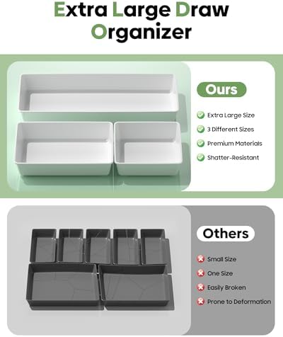 10 Pack Large Size Plastic Drawer Organizers Set, 3 Sizes Desk Drawer Organizer Trays, Storage Bins for Vanity, Makeup, Bathroom, Kitchen Utensils and Office (White) - Image 3