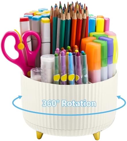 Marbrasse Desk Organizer, 360-Degree Rotating Pen Holder, 5-Compartment Pencil Organizer, Art Supply Storage Box Caddy for Office and Home (Ivory) by Marbrasse