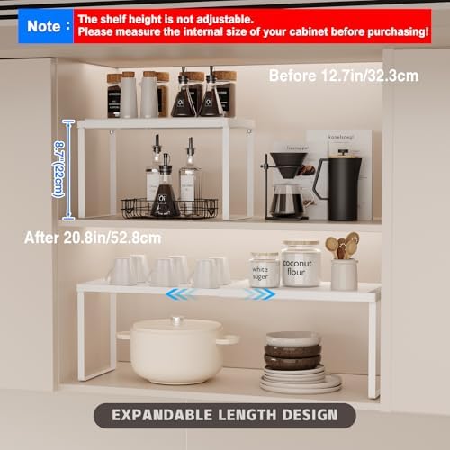 Magheo Expandable Kitchen Countertop Organizer, 1 Pack Stackable Cabinet Shelf Risers, Metal Spice Rack Heavy Duty Counter Organizer Storage for Kitchen, Pantry, Cupboard, Rv (8.7in Height,White) - Image 2
