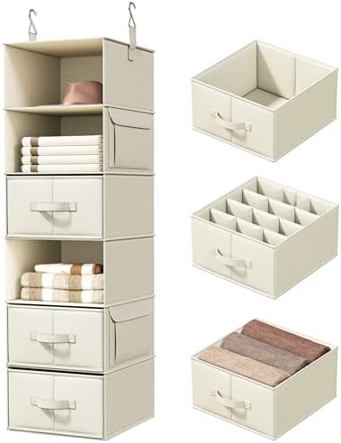 Vailando 6-Shelf Hanging Closet Organizer with 3 Fabric Drawers, Beige by Vailando