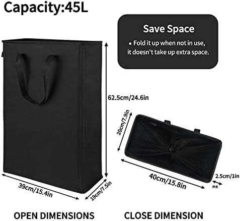 Odonata Slim Laundry Hamper Handles Collapsible Laundry Basket Thin Dirty Clothes Basket Narrow Laundry Bag Foldable Dirty Hamper 45L (Black) - Image 2