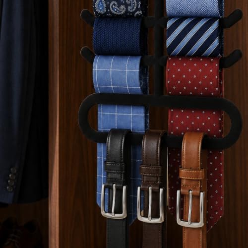 Hangerworld Single Black Flocked Tie Rack & Belt Organiser Non-Slip Coat Clothes Accessory Hanger, Metal - Image 4