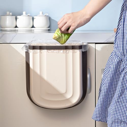 2 Pack Kitchen Hanging Trash Can, 2.4 Gallon / 9L Collapsible Waste Bin, Small Kitchen Compost Bin for Food Scraps, Wall Mounted Garbage Can for Bathroom, Car, RV（Khaki） - Image 5
