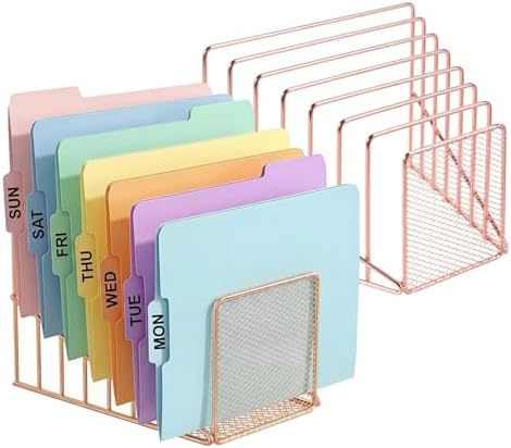 2 Pcs Incline File Sorter, 7 Slot Magazine Holder for Letter, Document, Folder and Book, Metal Desktop Organizer Rack for Home, School and Office (2-rose gold) by SIMMERSTONE
