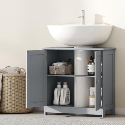HOMCOM Under Sink Bathroom Cabinet with 2 Doors, Shelf, U-Shape, Gray - Image 7