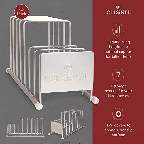 Cuisinel Lid and Dish Organizer Rack - 2-Pack Satin Nickel Kitchen Storage Organization Stand - Plate Holder, Pan/Pot Covers, Cutting Board and Cookie Sheet Divider - 7-Tier Cabinet/Counter Display - Image 2