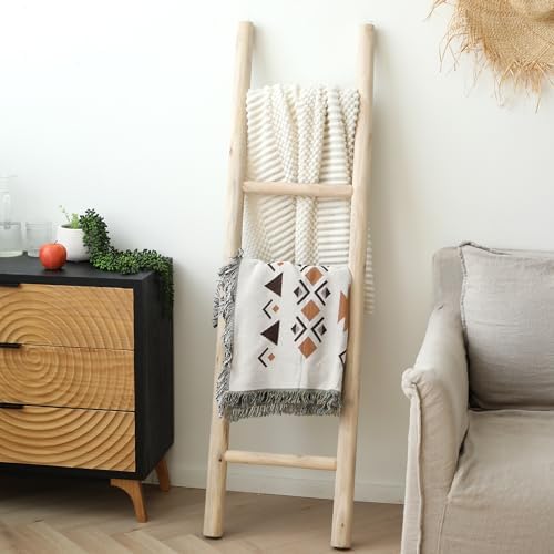 FUIN Blanket Ladder, 57in Rustic Wood Decor Rack, Fully Assembled, Natural - Image 2
