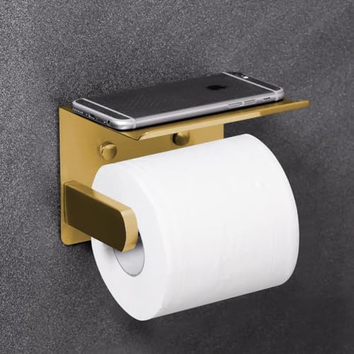 VAEHOLD Self Adhesive Toilet Paper Holder with Phone Shelf Stainless Steel Wall Mounted Toilet Paper Roll Holder - Rustproof and Bathroom Washroom Tissue Roll Holder with Storage Shelf - Gold - Image 4