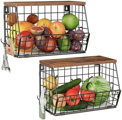 CHOEZON 2-Tier Fruit Basket for Kitchen, Stackable Hanging Basket Wire Baskets with Wooden Lid, Wall-Mounted Kitchen Counter Organizer for Fruit, Vegetable Storage, Rustic Brown and Black TCW02P2BF by Choezon