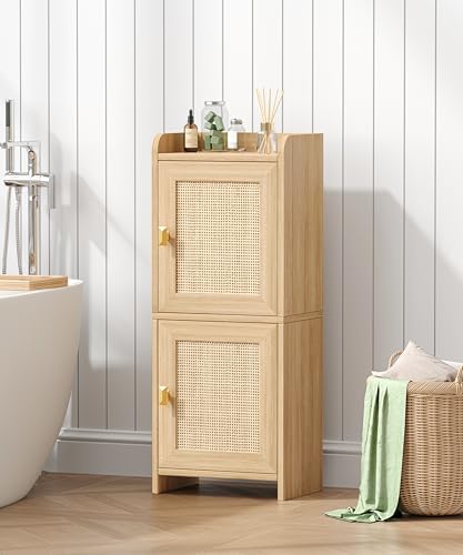 Akxomel Rattan Small Bathroom Cabinet Narrow Toilet Paper Organizer Oak - Image 5
