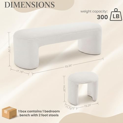 53" Chenille Ottoman Bench with 2 Nesting Ottomans, White - Image 2