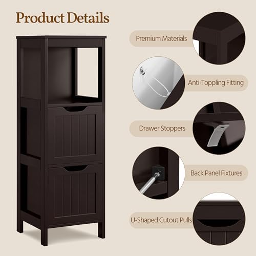 Yaheetech Small Bathroom Storage Cabinet with 2 Drawers & Shelf, Espresso - Image 6