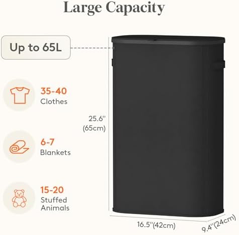 Lifewit Slim Laundry Basket with Lid and Removable Bag, 65L, Black - Image 3