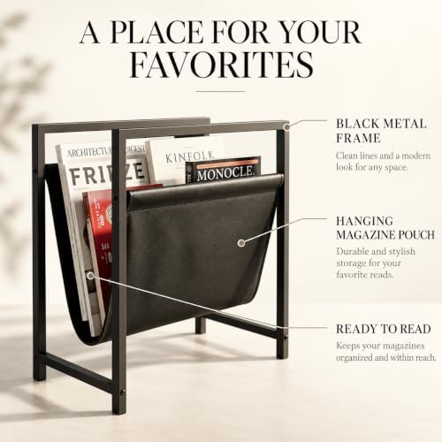 Modern Magazine Rack for Living Room and Office | Freestanding Metal and Leather Magazine Holder | Contemporary Storage Organizer for Books, Newspapers | Minimalist Home and Lounge Decor (Black) - Image 5