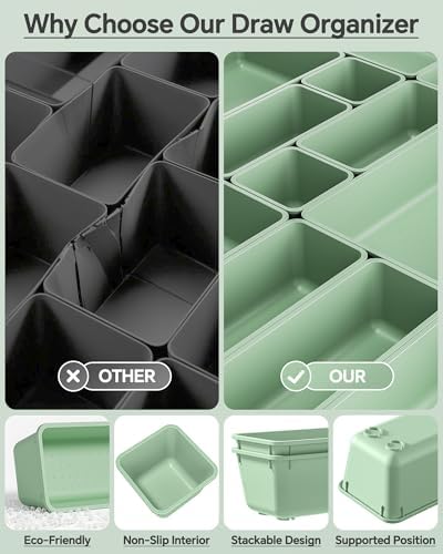KEMETHY 25 PCS Plastic Drawer Organizers Set, 4 Sizes Vanity Organizer, Makeup and Desk Drawer Organizer Trays, Organization and Storage for Makeup, Bathroom, Kitchen Utensils and Office (Green) - Image 5