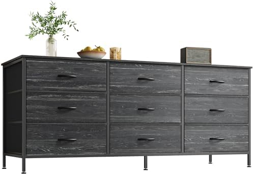 Huuger Long Dresser for Bedroom, 55 Inch TV Stand for 55, 60 Inch TV, Entertainment Center with Drawers, Large Storage, 9 Fabric Drawers Dresser for Closet, Charcoal Black Wood Grain Print by Huuger