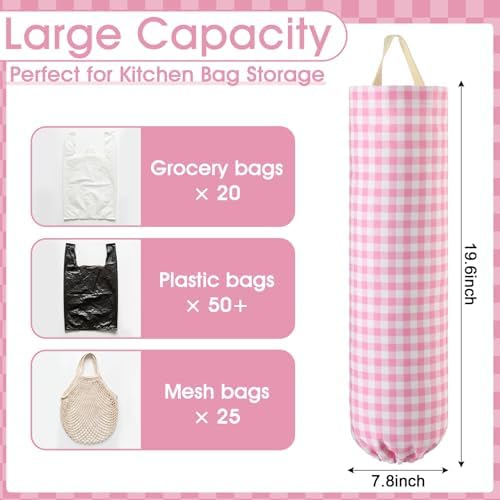 Gingham Plastic Bag Holder for Grocery Bag, Pink - Image 2