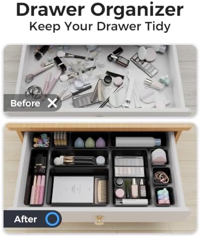 BiuLeon 25 PCS Plastic Drawer Organizers Set, 4-Sizes Vanity and Makeup Organizer, Desk and bathroom Drawer Organizer Trays, Organizers and Storage for Makeup, Jewelry, Gadgets, Utensils (Black) - Image 4