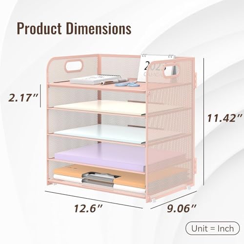 SUPEASY 2 Pack 5-Tier Pink Desk Organizer with Handle Mesh Desk File/Paper Organizer Letter Tray for Office, School and Home Easy Installation, Rosepink - Image 5