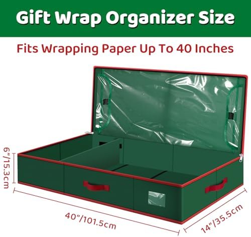 Fabspace Christmas Wrapping Paper Storage Containers, 40 Inch Gift Wrap Organizer, Visible Supplies Pockets for Xmas Accessories, Underbed Storage for Christmas Decorations, Green - Image 2